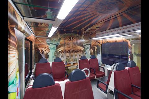 The train’s ceiling, doors, walls and seat backs are decorated with 3M Envision vinyl incorporating details from the World Heritage Site, including columns, stained glass windows and pews.